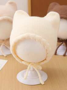 1pc Baby Girls Simnple & Cute Cat Ear Knitted Beanie Hat, Suitable For Daily Wear In Autumn And Winter. - Beige - View 1