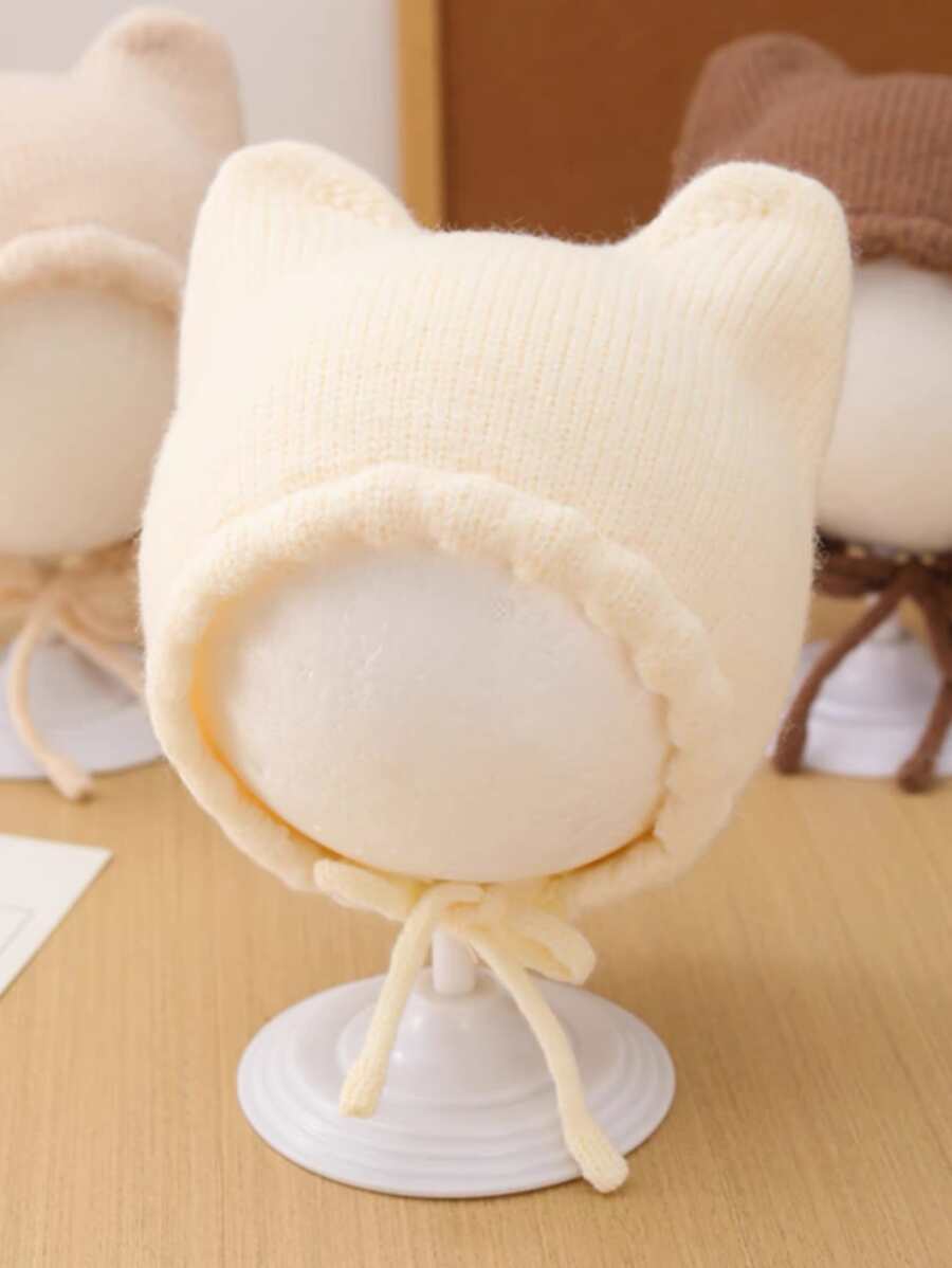 1pc Baby Girls Simnple & Cute Cat Ear Knitted Beanie Hat, Suitable For Daily Wear In Autumn And Winter. - Beige - View 1