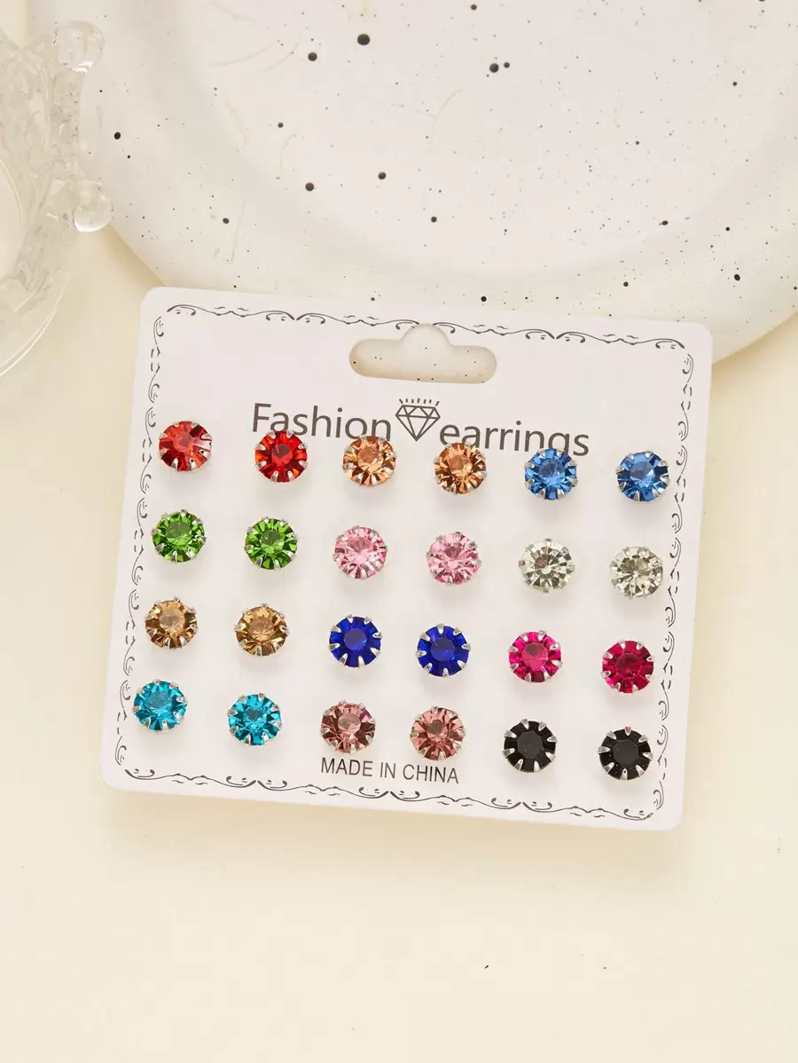 12pairs Random Color Cubic Zirconia Stud Earrings