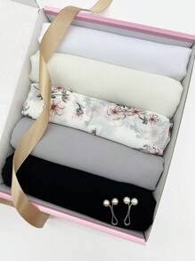1box Women's Pink Chiffon Hijab And Printed Hijab Combination Boxed Set Headscarf Valentine's Day Gift (5pcs Scarf + 2pcs Headband Clips) Accessories Women - Black and White - View 2
