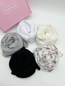 1box Women's Pink Chiffon Hijab And Printed Hijab Combination Boxed Set Headscarf Valentine's Day Gift (5pcs Scarf + 2pcs Headband Clips) Accessories Women - Black and White - View 4