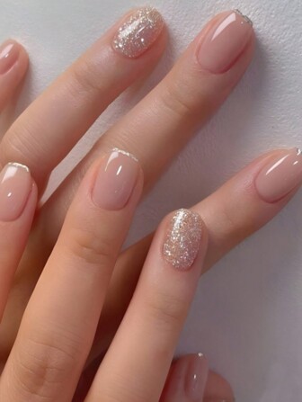 24入組短方形純粉紅色半透明閃爍細粉假指甲，適用於派對、舞會或日常穿戴指甲用品