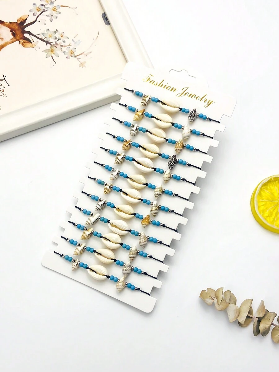 LORRILIA 12pcs Ocean Beach Style Shell Conch Turquoise Braided Bracelet Cute Good Luck Bracelet Gift For Girls Jewelry Wholesale - Multicolor - View 1