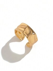 1pc Copper Folded & Textured Unique Design Open Ring - Yellow Gold - View 2
