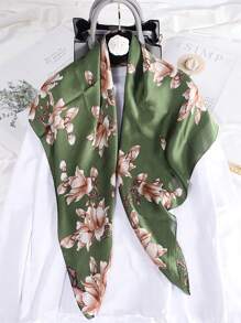 1pc Women'S New Spring & Summer Matcha Green Floral Satin Imitation Silk Square Scarf For Outdoor Use & As Valentine'S Day Gift - Green - View 4