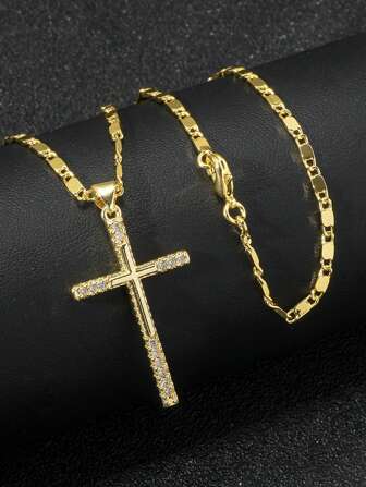 1pc Fashionable Unisex Copper Inlaid Cubic Zirconia Cross Pendant Necklace For Men, Hip Hop Style