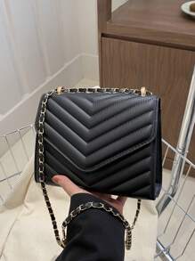 Fashionable Solid Color Women's Handbag,2024 New Style Pressed Texture, Chain Shoulder Bag, Small Square Bag, Korean Version, Crossbody Bag For Spring And Autumn - Black - View 2
