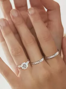 ESBERRY 3件套/2克拉莫桑石和钻石订婚戒指套装，925纯银叠戴戒指，承诺戒指，永恒戒指，周年纪念戒指，新娘奢华珠宝礼品套装，情人节礼物 - 銀色 - 查看 3