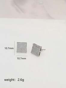 1pair Cubic Zirconia Inlaid Geometric Square Shaped Earrings, Fashionable And All-Match Daily Accessory For Women, Plated With White Gold - Silver - View 4