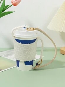 毛绒杯套白色饮料手提包奶茶咖啡杯旅行收纳袋小行李箱配件家居邮轮必需品旅行包迷你便携式旅行收纳袋便携式假日收纳袋 - 白色 - 查看 3