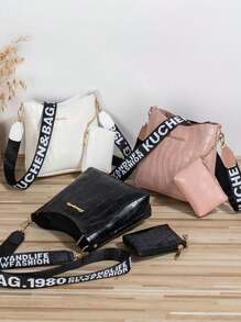 1 pieza Bolso de cubo de grano de cocodrilo, bolso de bandolera con correa ancha, mini bolso cruzado para mujer, bolso de mano para dama para uso diario, cita y viajes