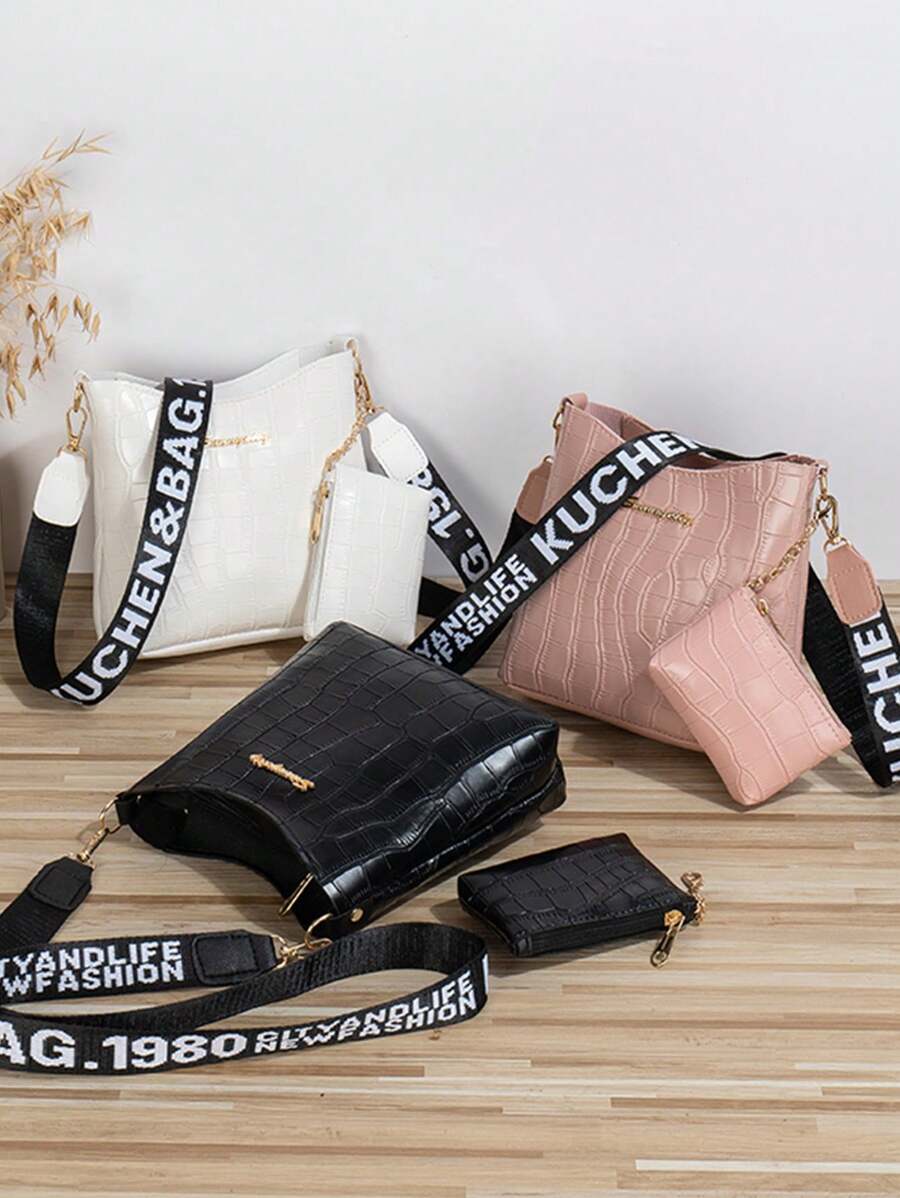 1 pieza Bolso de cubo de grano de cocodrilo, bolso de bandolera con correa ancha, mini bolso cruzado para mujer, bolso de mano para dama para uso diario, cita y viajes