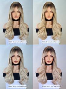 女士渐变金色假发，长卷曲波浪假发带刘海，合成材质，外观自然，耐热，适合角色扮演