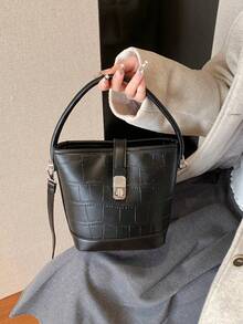 鱷魚紋桶包,非傳統設計手提袋,多功能肩背包,通勤全季斜揹包 - 黑色 - 查看 3