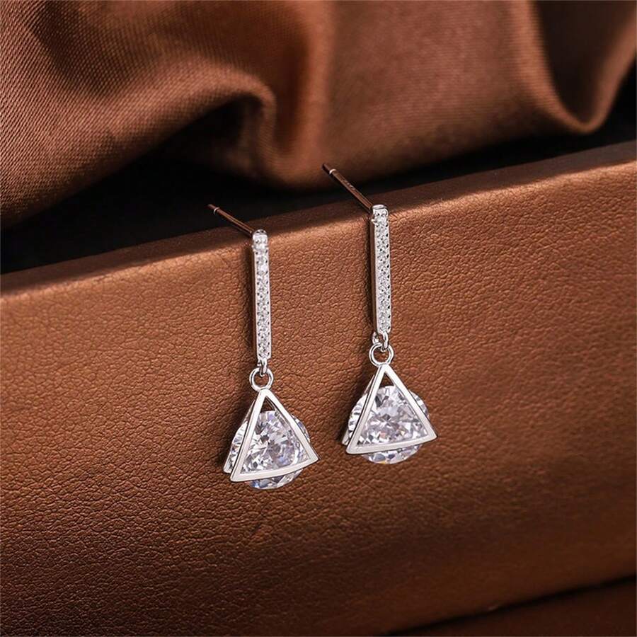 1pair Fashionable Real 925 Sterling Silver & Zirconia Earrings For Women, High-End Jewelry Gift For Festivals - Silver - View 1