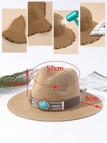 1pc Unisex Tassels Decor Boho Jazz Panama Hat Visor Straw Hat Beach Hat Suitable For Party - Multicolor - View 4