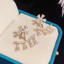 白石頭花朵耳環時尚套裝,百搭風格,兩種穿戴風格,前後配戴耳環 - 金色 - 查看 2