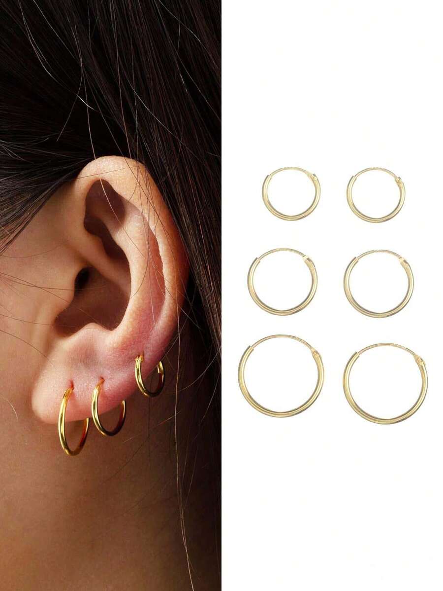 925純銀薄環耳環,適用於女性和女孩的軟骨耳環,6入組10mm 12mm 14mm無縫環耳環 - 金色 - 查看 1