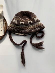 1pc Vintage Knit Bucket Hat With Braided Tassels And Headband Decoration, All Seasons - Brown - View 5