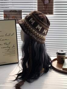 1pc Vintage Knit Bucket Hat With Braided Tassels And Headband Decoration, All Seasons - Brown - View 3