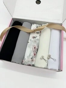 1box Women's Pink Chiffon Hijab And Printed Hijab Combination Boxed Set Headscarf Valentine's Day Gift (5pcs Scarf + 2pcs Headband Clips) Accessories Women - Black and White - View 1