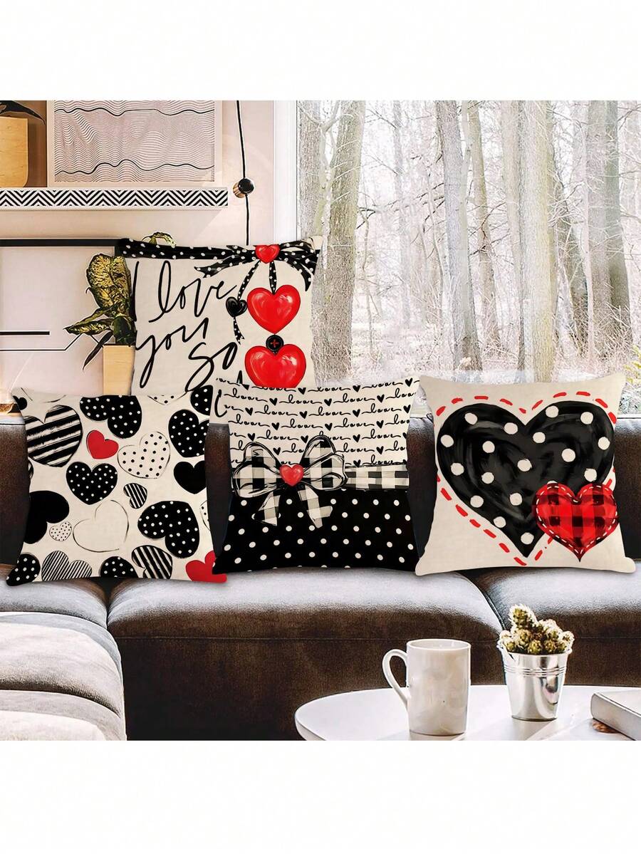 4入組情人節心形黑白簡約圖案方形裝飾枕套（不含枕芯），適用於家居沙發裝飾 - 彩色 - 查看 1