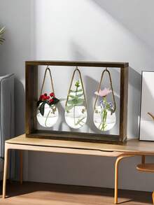 壁挂式木质框架水培花瓶适用于家庭植物玻璃容器玻璃花盆球茎花瓶带复古木质繁殖站适用于花园办公室装饰 - 棕色 - 查看 2