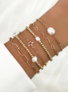 6 cái Cổ điển & Thanh lịch Ngọc trai Giả Chuỗi Thời trang Bộ vòng đeo tay Thích hợp Đối với Của phụ nữ Mặc hàng ngày - Vàng - Xem 1