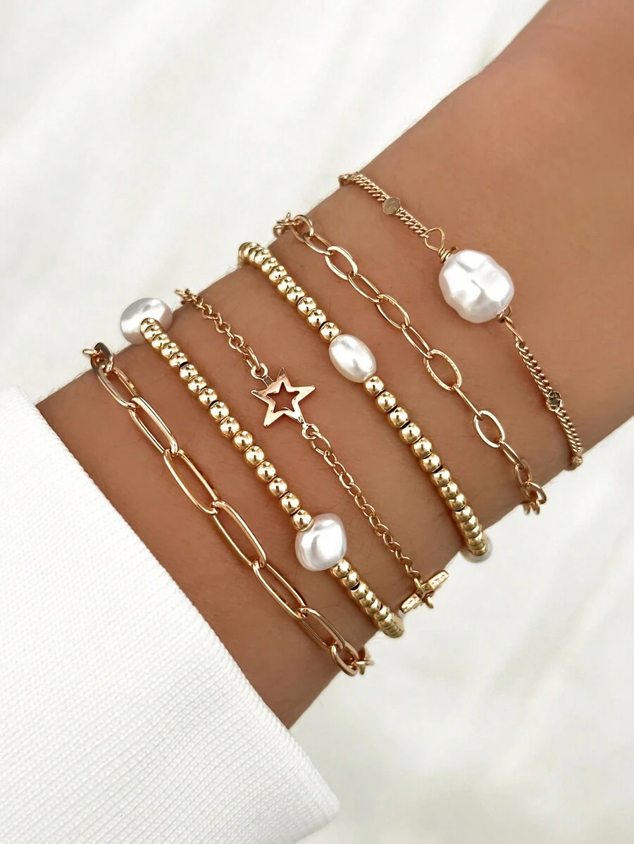 6 cái Cổ điển & Thanh lịch Ngọc trai Giả Chuỗi Thời trang Bộ vòng đeo tay Thích hợp Đối với Của phụ nữ Mặc hàng ngày - Vàng - Xem 1