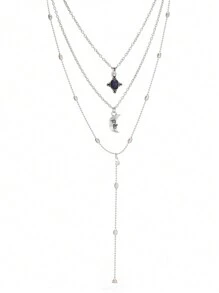 个性化复古黑宝石和月亮脸设计长款三层项链配饰 - 銀色 - 查看 4