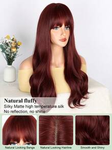 Wine Red Long Wavy Wig With Bangs Natural Looking  Heat Resistant Synthetic Wig For Daily Wear, Parties, And Cosplay - Burgundy - View 5