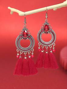 HANQI 3入組新年復古風格女士時尚紅色耳環套裝,帶流蘇,中空設計和鑽石裝飾,適用於日常生活,外出,工作,街頭拍攝,攝影,派對和其他場合 - #2 紅色3對裝 - 查看 6