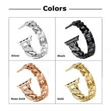 Metallic Bling Denim Watch Band With Diamond Decoration Compatible With Apple Watch 5/6/7/8 Ultra Series - Rose Gold - View 3