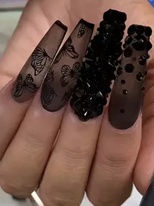 壓花美甲假指甲長形黑色假甲,3d哥特式鑽石蝴蝶設計啞面全蓋貼式24片 女性禮物 - 黑色 - 查看 1