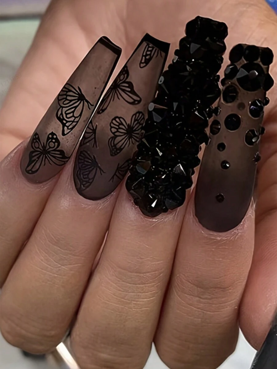 壓花美甲假指甲長形黑色假甲,3d哥特式鑽石蝴蝶設計啞面全蓋貼式24片 女性禮物 - 黑色 - 查看 1
