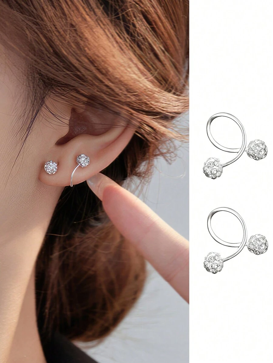 ELSEDES 1pc Fashionable & Luxurious S295 Silver Geometric Shaped Earring With Brightly Glittering Inlaid Jewel Perfect For Women's Daily Outfit And Party Dressing - Silver - View 1