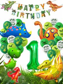 33pcs/Set Dinosaur Balloon Set Including Dinosaur Printed Happy Birthday Banner, Green Number Balloon, Dinosaur Printed Balloon, Suitable For Dinosaur Birthday Party And Theme Decoration, Christmas - Multicolor - View 5
