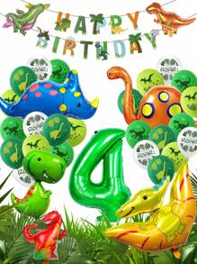 33pcs/Set Dinosaur Balloon Set Including Dinosaur Printed Happy Birthday Banner, Green Number Balloon, Dinosaur Printed Balloon, Suitable For Dinosaur Birthday Party And Theme Decoration, Christmas - Multicolor - View 7