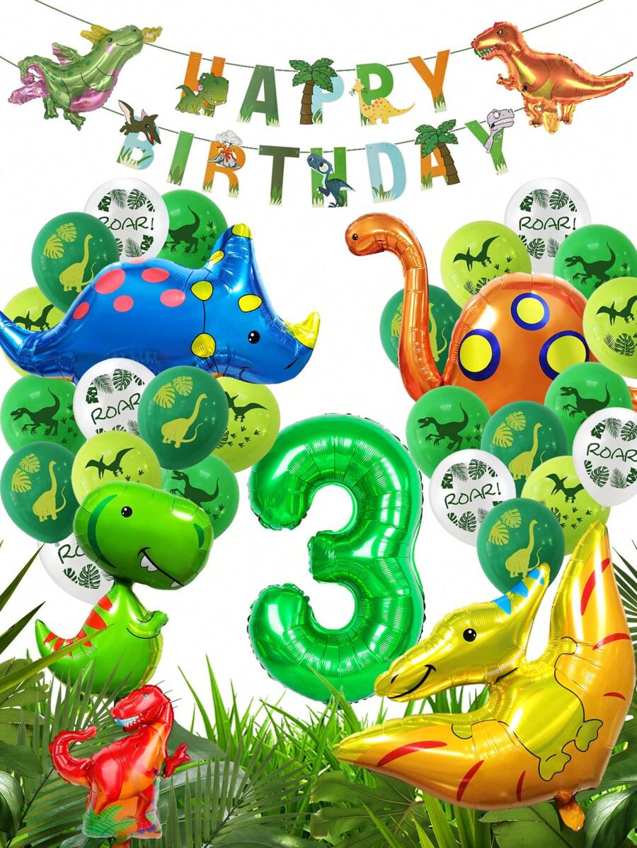 33pcs/Set Dinosaur Balloon Set Including Dinosaur Printed Happy Birthday Banner, Green Number Balloon, Dinosaur Printed Balloon, Suitable For Dinosaur Birthday Party And Theme Decoration, Christmas - Multicolor - View 1