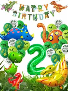33pcs/Set Dinosaur Balloon Set Including Dinosaur Printed Happy Birthday Banner, Green Number Balloon, Dinosaur Printed Balloon, Suitable For Dinosaur Birthday Party And Theme Decoration, Christmas - Multicolor - View 6