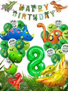 33pcs/Set Dinosaur Balloon Set Including Dinosaur Printed Happy Birthday Banner, Green Number Balloon, Dinosaur Printed Balloon, Suitable For Dinosaur Birthday Party And Theme Decoration, Christmas - Multicolor - View 9