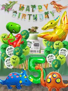 33pcs/Set Dinosaur Balloon Set Including Dinosaur Printed Happy Birthday Banner, Green Number Balloon, Dinosaur Printed Balloon, Suitable For Dinosaur Birthday Party And Theme Decoration, Christmas - Multicolor - View 3