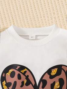 Young Girl Leopard Heart Pattern Round Neck Sweatshirt And Leggings Set - White - View 3