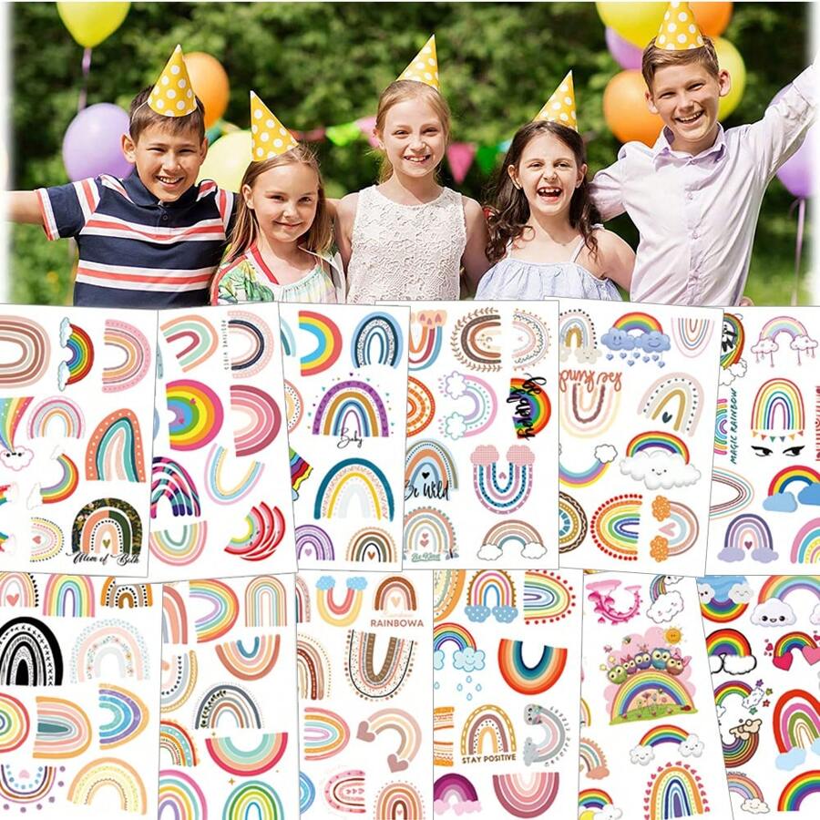 100款風格（10貼）彩虹暫時性紋身貼紙,可愛的卡通美學貼紙,理想的diy、獎勵、兒童青少年成年人萬聖節聖誕生日派對用品、裝飾和禮品 - 彩色 - 查看 1