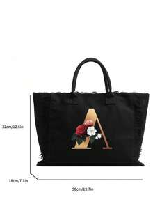 新品流蘇大容量個性化字母設計肩袋,時尚多用途斜背包、手提包,適用於學生、購物等 - 黑色 - 查看 2