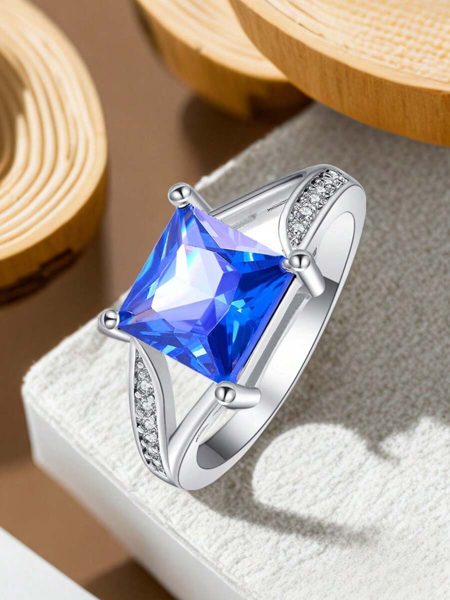 1 件时尚精致个性化百搭方形立方氧化锆女士戒指，适合狂欢节、派对和聚会，幸运礼物 - 藍色 - 查看 1