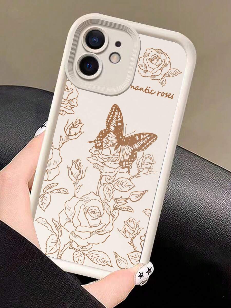 1 Pieza Estuche Para Teléfono De Dibujo De Línea Marrón Con Diseño De Mariposas Y Flores - Blanco - Ver 1