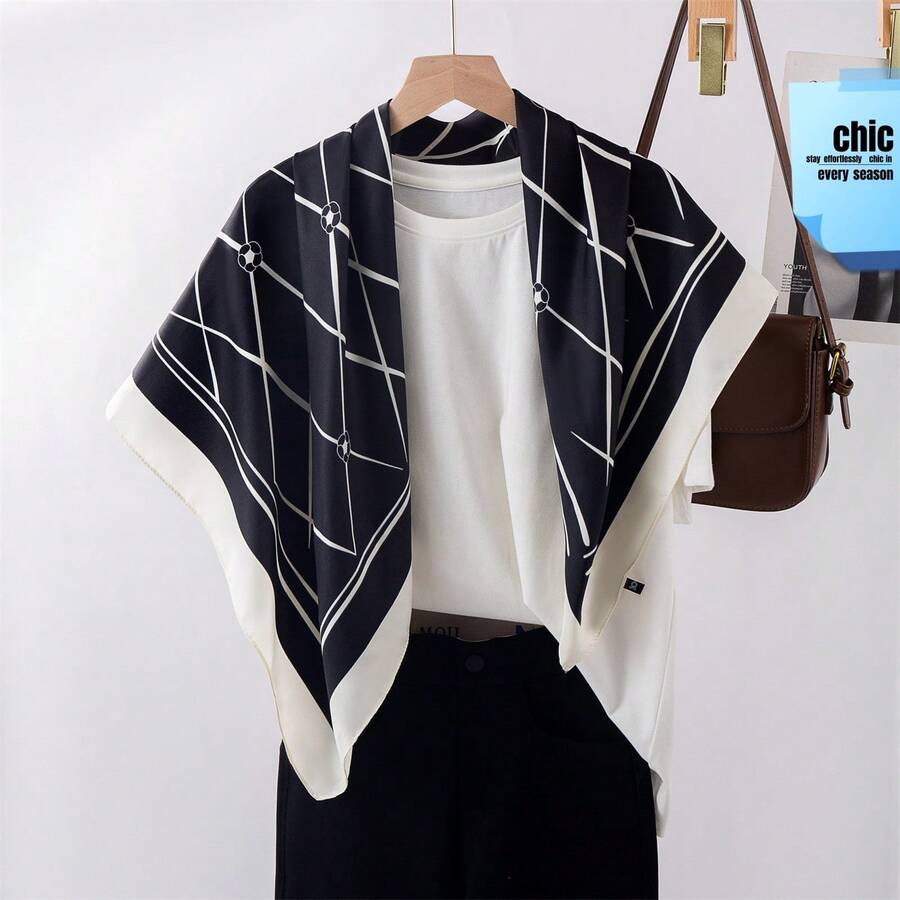 1條女士黑色山茶花印花90絲巾,時尚優雅,適合日常穿著 - 黑與白 - 查看 1