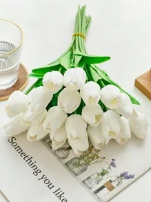 3 件装人造郁金香花 13 英寸真实触感郁金香丝绸假花插花花束新年春季家居厨房房间办公室装饰婚礼装饰餐桌摆件复活节 - 白色 - 查看 6