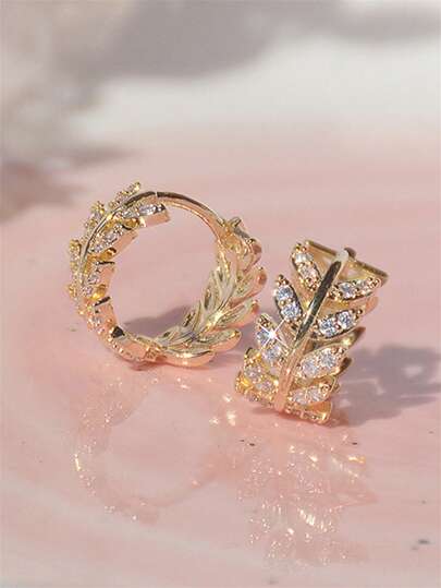 1 Pair Elegant Leaf Cubic Zirconia Earrings For Teens, Suitable For Girls Daily Wear, Party Wear Or Birthday Gift